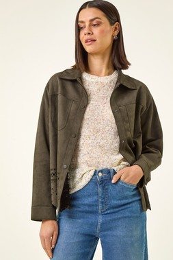 Roman Khaki Faux Suede Cut Out Shacket