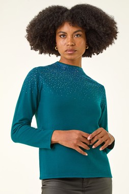 Roman Dark Green Sparkly High Neck Knit Jumper
