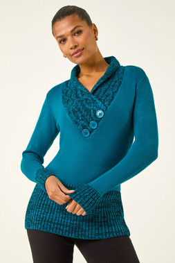 Roman Teal V-Neck Overlap Button Detail Longline Jumper