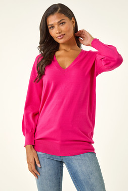 Fuchsia Plain Stretch V-Neck Longline Jumper
