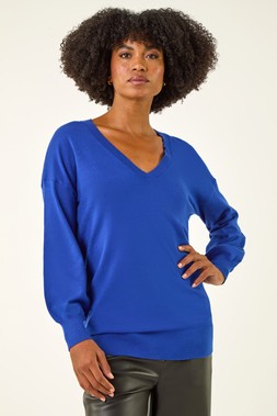 Roman Royal Blue Plain Stretch V-Neck Longline Jumper