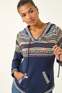 Roman Midnight Blue Nordic Print Hooded V-Neck Jumper