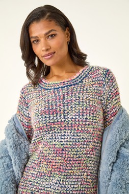 Roman Blue Fluffy Striped Curve Hem Jumper