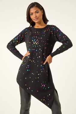 Roman Black Longline Metallic Spot Asymmetric Jumper