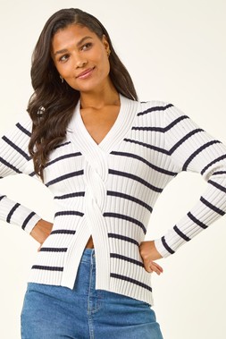 Roman White Stripe Cable Split Detail Rib Jumper