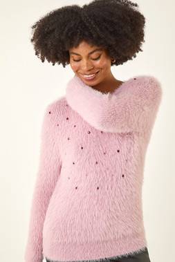 Roman Light Pink Embellished Fluffy Knit Jumper