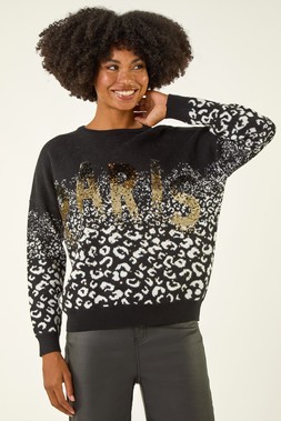Roman Black Paris Sequin Animal Knit Jumper