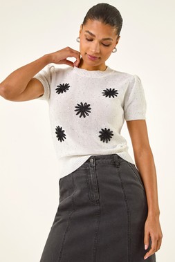 Roman Daisy Sparkly Embroidered Knit Top