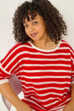Roman Curve Red Crochet Stripe Knit Top