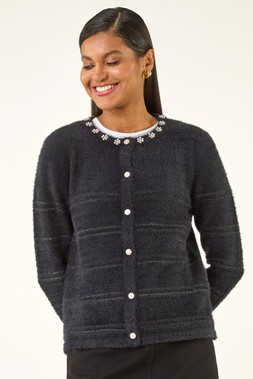 Roman Black Fluffy Faux Pearl Knit Cardigan