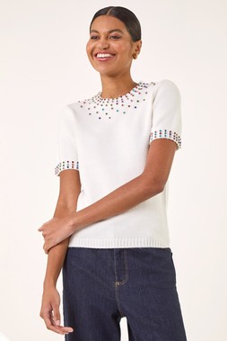 Roman Ivory Embellished Knitted Top