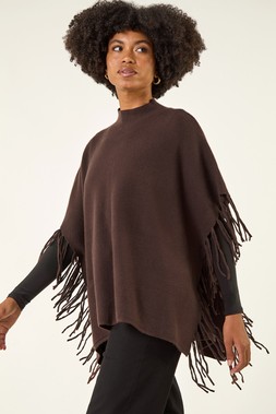 Roman Chocolate Fringe Hem Knit Poncho