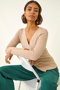 Stone Ribbed Wrap Front Knit Top