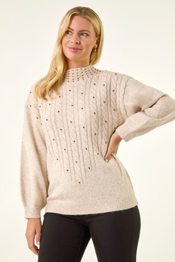Roman Petite Cream Embellished Cable Knit Jumper