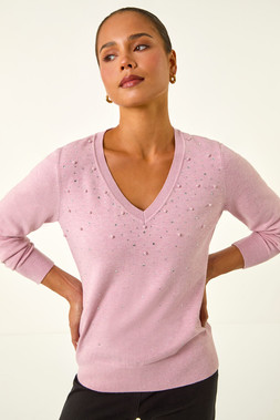 Roman Pink Light Petite Embellished Faux Pearl Knit Jumper
