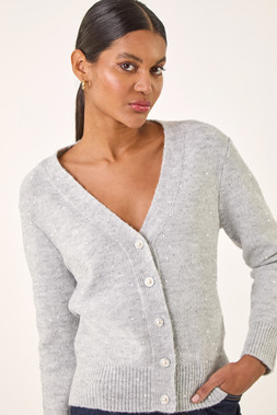 Roman Grey Sequin V-Neck Buttoned Cardigan