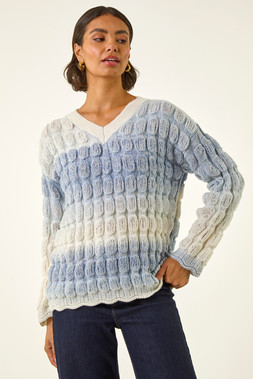 Roman Light Blue Ombre Textured V-Neck Knit Jumper