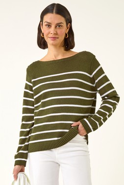 Roman Khaki Slash Neck Stripe Knit Jumper