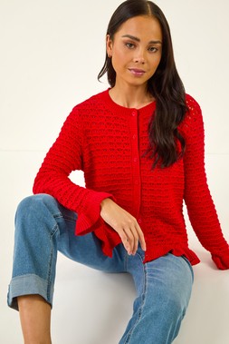 Petite Red Textured Frill Hem Knit Cardigan