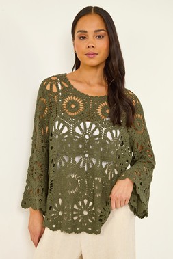 Petite Khaki Crochet Flare Sleeve Top