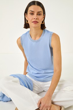 Roman Light Blue Shimmer Trim Knit Vest