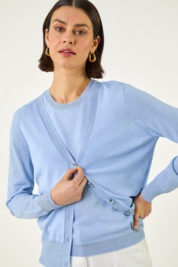 Roman Light Blue Shimmer Trim Knit Cardigan