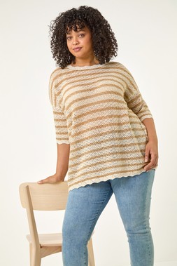 Roman Curve Natural Scallop Hem Stripe Knit