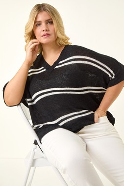 Roman Curve Black Stripe V-Neck Knit Jumper