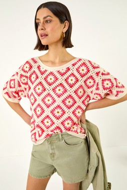 Roman Pink Floral Crochet Knit Top