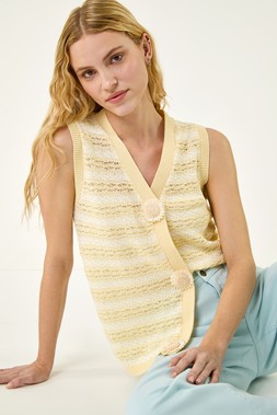 Roman Light Yellow Flower Button Detail Knit Vest