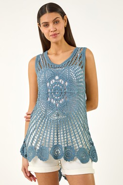 Roman Denim Longline Crochet Knit Vest