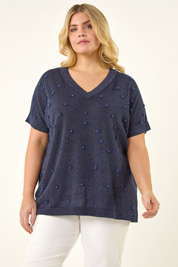 Roman Curve Faux Pearl Embellished Knit Top