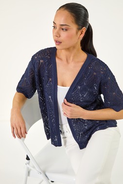 Roman Petite Navy Pointelle Open Cardigan