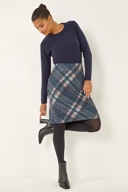 Roman Navy Check Print Brushed Skirt