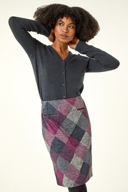 Roman Pink Elastic Waist Check Print Pocket A Line Skirt