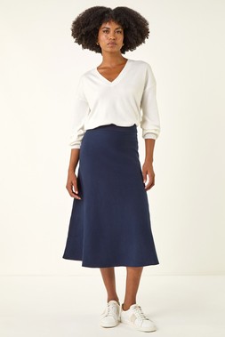 Roman Midnight Blue Plain Elastic Waist Knitted A Line Midi Skirt