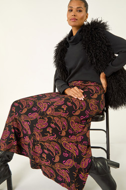 Roman Pink Paisley Print Midi Stretch Skirt