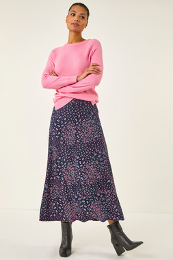 Roman Linear Floral Print Stretch Midi Skirt