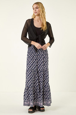 Roman Navy Floral Print Shirred Maxi Skirt