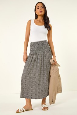 Petite Ditsy Print Shirred Midi Skirt