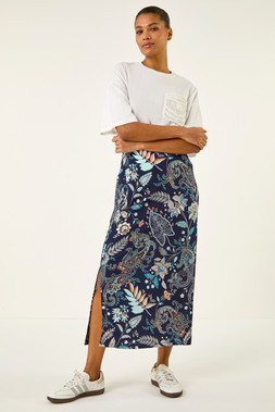 Roman Navy Paisley Print Stretch Midi Skirt