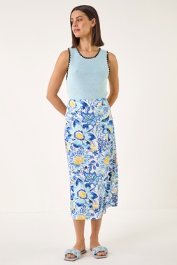 Roman Blue Floral Print Stretch Midi Skirt