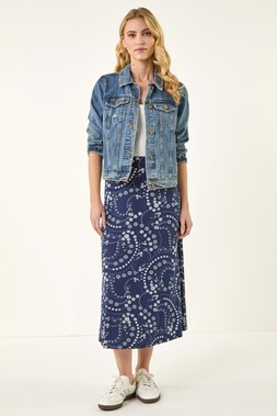 Roman Navy Paisley Daisy Print Stretch Skirt