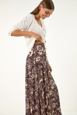 Roman Chocolate Paisley Swirl Print Midi Skirt