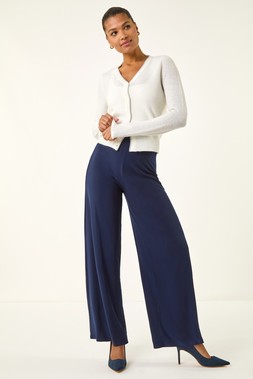 Roman Navy Elastic Waist Wide Leg Stretch Trousers