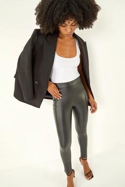 Roman Black Faux Leather Pull On Elastic Waist Trousers