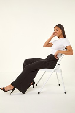 Roman Petite Black Wide Leg Stretch Trouser