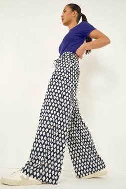Petite Navy Geo Print Wide Leg Stretch Trouser