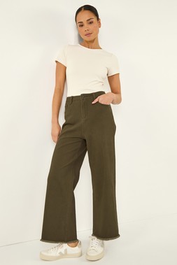 Petite Khaki Cotton Frayed Hem Trouser