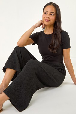 Roman Petite Black Textured Cropped Stretch Trouser
